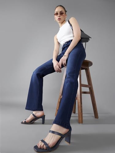 Dolce Crudo Women's High-Rise Regular-Length Stretchable Flared Denim Jeans (DOSS24DEN12-92-71-38, Navy Blue, 38)