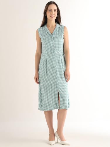Hancock Women Green & White Gingham Checked Lapel Collar Pure Cotton Shirt Style Midi Dress