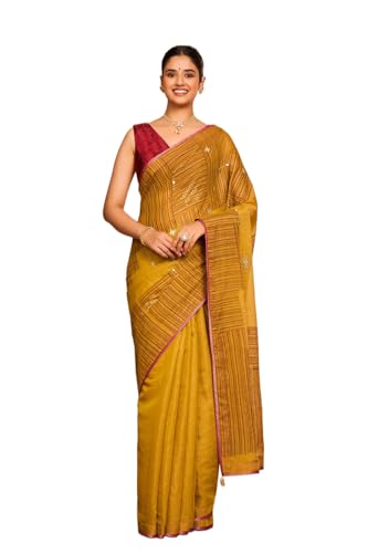 Taneira Women Yellow Pure Tissue Cotton Printed Embroidered Saree with Unstitched Blouse Piece (SAIP20AC2558-Yellow)