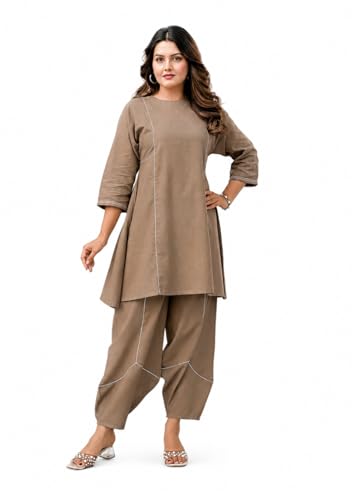 ARAVALII Women's Peacock Blue Co-ord Set – Pure Cotton Slub, Round Neck, 3/4 Sleeves, Short Length Top, Styled Pants, Casual Wear (Taupe Brown, L)