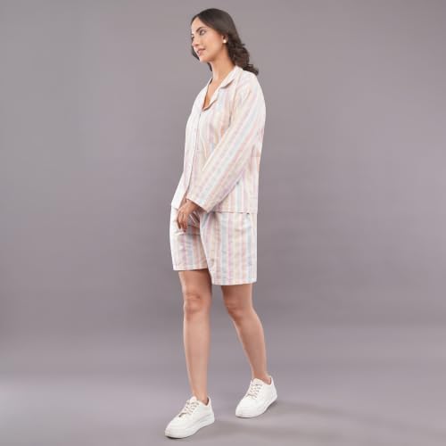 felrio Women's Stripe Lounge Co-Ord Set | Full Sleeve Button-Down Shirt & Matching Shorts Set | Soft Casual Loungewear Nightwear Co-Ord Outfit for Women | White Multi Stripe (XL)