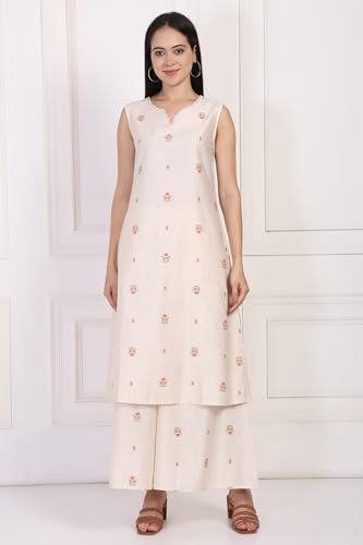 W for Woman Off-White Floral Print Lace Straight Kurta with Inner Flared Pant and Dupatta Set (WS13083-126482-L)