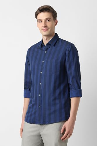 Men Navy Slim Fit Textured Full Sleeves Casual Shirt