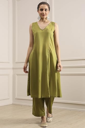 Biba Women Mehandi Green Chanderi Kalidar Dyed Suit Set_32