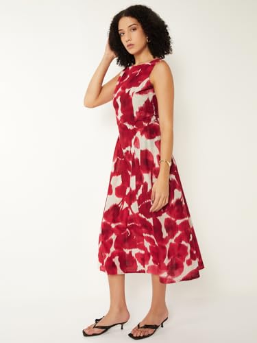 Max Women Printed A-line Midi Dress (White_M)