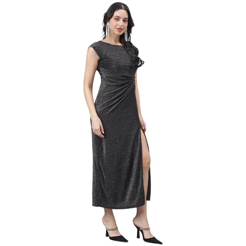 Latin Quarters Women Black Cap Sleeve Round Neck Maxi Dress