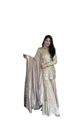 SAMUYA Embroidered Sharara Set, Beige, Net Fabric, Sequin Work, 3-Piece Suit with Dupatta (IN, Alpha, 2XL, Regular)