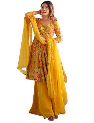 Leeli Peeri Designer Women's Roman Silk Printed Flared Kurta Palazzo And Dupatta Set