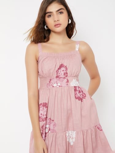 Max Women Floral Print Tiered Dress (Pink_L)