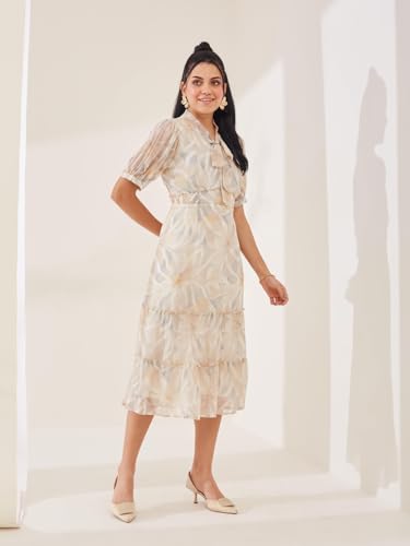 Latin Quarters Women's Beige Printed Half Sleeves Tie-Up Casual Fit & Flared Dress_S