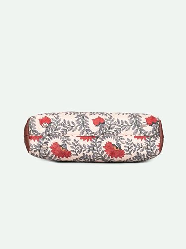 ZOUK Nawabi Couture Floral Printed Women Jute Vegan Leather Red & Beige Side Tote Bag For Ladies With Double Handle