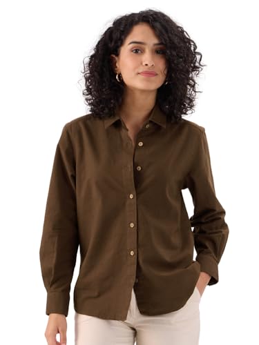 The Souled Store Cotton Linen: Chestnut Women and Girls Long Sleeves Collared Neck Button Front Regular Fit Shirts