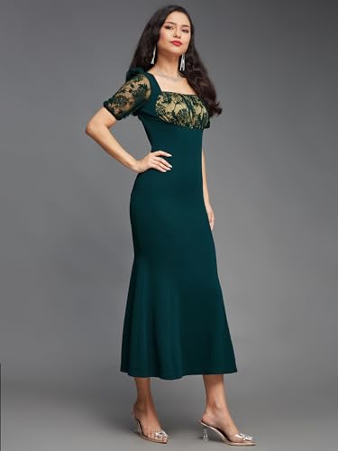 Miss Chase Women's Square Puff Sleeve Solid Lace Overlaid Ankle Length Dress (Plus (MCSS22D13-48-42-03, Dark Green, S)