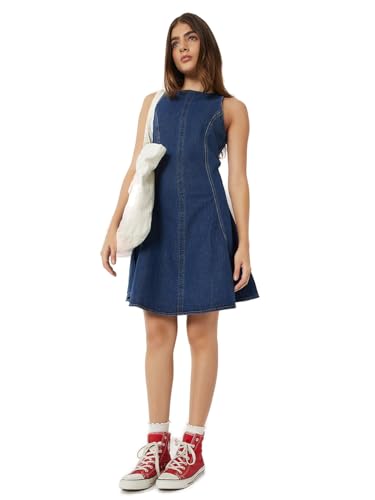 Max Women Solid A-line Dress(Blue_XXL)