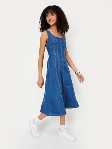 Max Women Panelled Denim Dress(Blue_L)