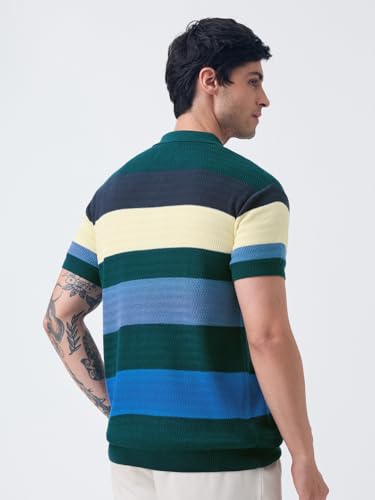 The Souled Store Jacquard Polo: Marine Vibe Men and Boys Short Sleeve Spread Collar Green Blue Yellow Striped Cotton Regular Fit Textured Polos