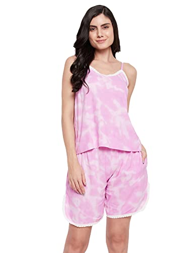 Clovia Women's Rayon Tie-Dye Cami Top & Shorts Set (LS0419E22_Pink_M)
