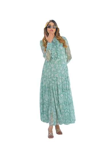 Divena Green Georgette Full Sleeves Maxi Dress