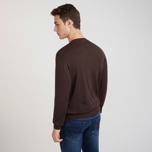 Park Avenue Men's Regular Fit Acrylic Wool Blend Full Sleeve V Neck Stripe Pattern Dark Brown Casual Sweater (Size: M)-PCWA00268-O8