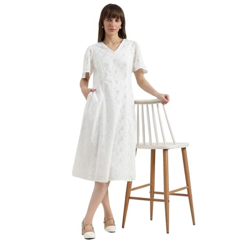 United Colors of Benetton Regular Fit V-Neck Schiffli Embroidered Dress (Size : M) - 26P4WVNDRS83I101 White