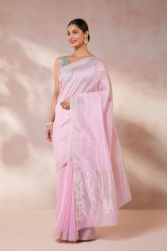 Taneira Women Pink Woven Pure Silk Cotton Chanderi Saree with Unstitched Blouse Piece (SHH08G00130-Light Pink)