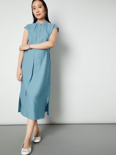 Max Women Textured Belted Midi Dress (Blue_XXL)