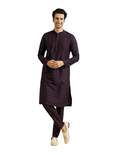 Manyavar Men's Viscose Blend Embellished Classic Kurta Pyjama Set (Purple,M)