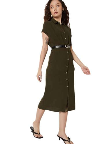 Max Women Solid Shirt Dress with Belt (Green_XS)