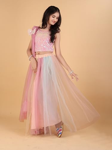Xavima Manashvi Multi Girls Embroidery Full Stitched Lehenga Choli Set With Dupatta Outfit Blouse Skirt Dress For Kids Function Stage Show School Program Ceremony Appearance_6-7 Years