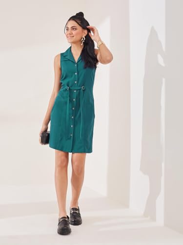 Latin Quarters Women's Teal Solid Sleeveless Collar Neck Casual Shirt Dress_S