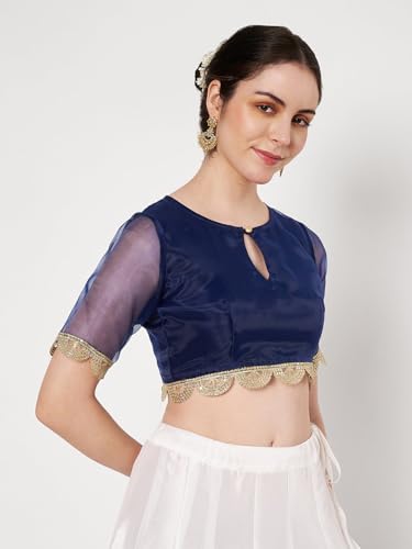 studio rasa Women's Organza Embellished Blouse for Festive Wedding Party (TPWC62538XL_Navy_X-Large)