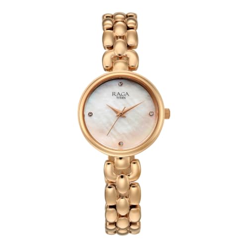 Titan Raga Showstopper 5.0 Quartz 3 Hands Round White MOP Dial, Rose Gold Strap Watch for Women - 95461WM01