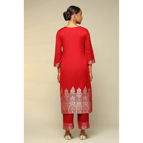 Rangriti Women Red Acrylic Straight Yarn Dyed Kurta Palazzo Suit Set_46