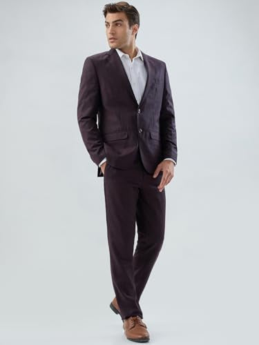 Park Avenue Men Slim Fit Checks Pattern Poly Wool Blend Notch Lapel Full Sleeve Formal Suit Maroon