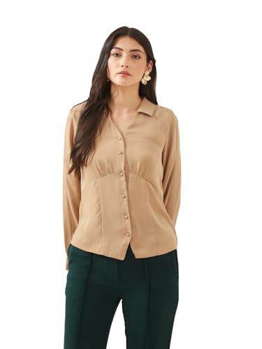 Latin Quarters Women Beige Collared Full Sleeves Solid Casual Shirt_XXL