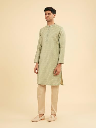 Manyavar Men's Art Silk Sequined Placket Printed Festive Kurta Set (Light Mid Green,S)