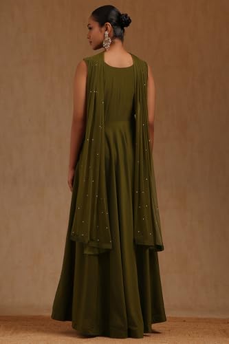 Soch Womens Olive Silk Embroidered Gown with Cutdana