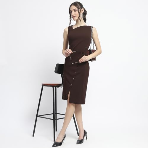 Madame Button Detailed Chocolate Brown Bodycon Knit Dress