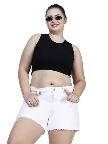 HAPPENING Plus Size Women Denim Shorts with Rugged Bottom Edges- Length 14" inch - MID Rise- Solid White Color- Non Stretch Fabric- Waist Size (L) 32 to (6XL) 44 inch (in, Alpha, 4XL, Solid White)