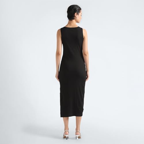 Calvin Klein Cotton Black Solid Round Neck Sleeveless Women Seaming Rib Dress (M)