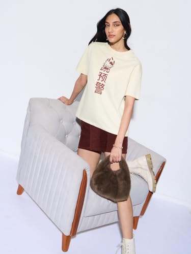The Souled Store Hello Kitty: Heartbeat Women and Girls Short Sleeves Round Neck Cream Graphic Printed Cotton Oversized Breathable Durable Streetwear T-Shirt