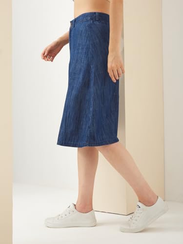Latin Quarters Women Blue Denim Knee Length A-line Solid Casual Skirt_L