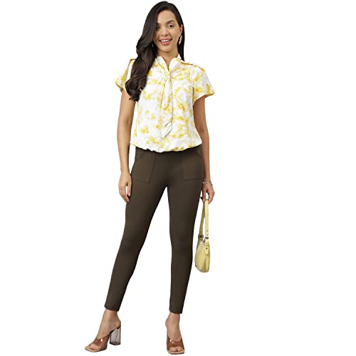 Latin Quarters Women Yellow Printed Short Sleeve Top with Tie Up Neck