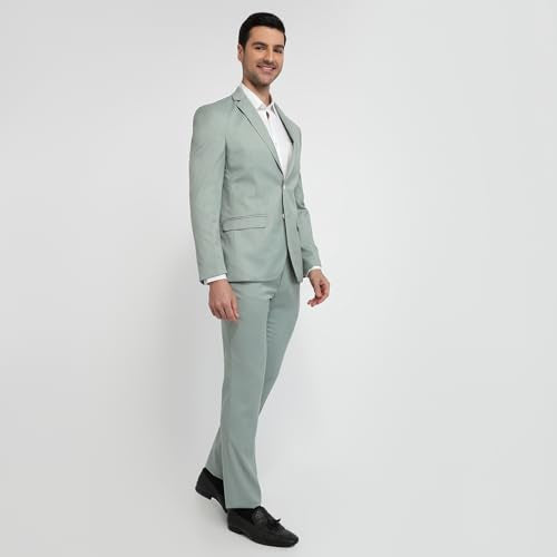 Park Avenue Men Slim Fit Structure Pattern Terry Rayon Blend Notch Lapel Full Sleeve Ceremonial Suit Green