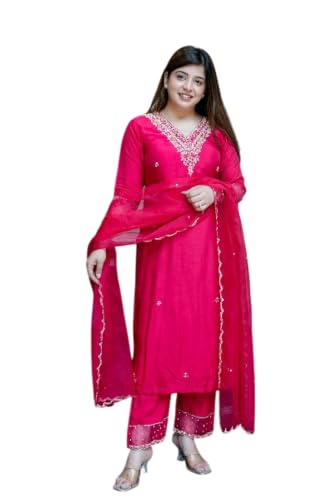 Women's Chanderi Embroidered Kurta Set With Dupatta And Pant