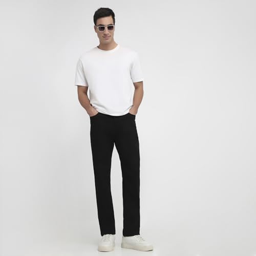 Park Avenue Men Regular Fit Solid Pattern Cotton Blend Flat Front Casual Jeans Black