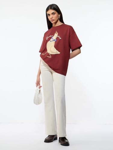 The Souled Store Fabulous Women and Girls Short Sleeves Round Neck Maroon Graphic Printed Cotton Oversized Breathable Lightweight Oversized T-Shirt
