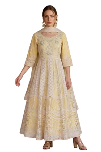 Aurelia Women's Powder Yellow Thread Embroidered Anarkali Kurta with Leggings and Dupatta Set - (AD10777-E609499-S)