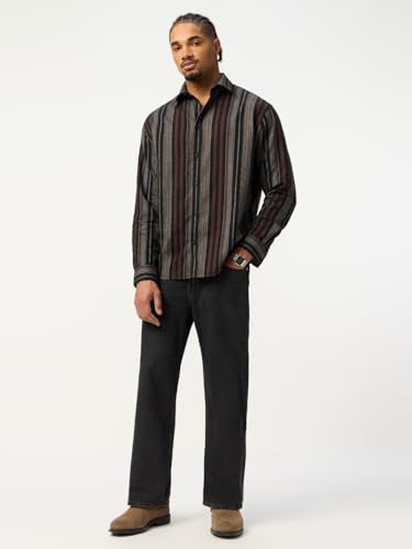 The Souled Store: Roman Men and Boys Long Sleeve Spread Collar Black Striped Lightweight Easy to Style Everyday Office Wear Casual Cotton Regular Shirt