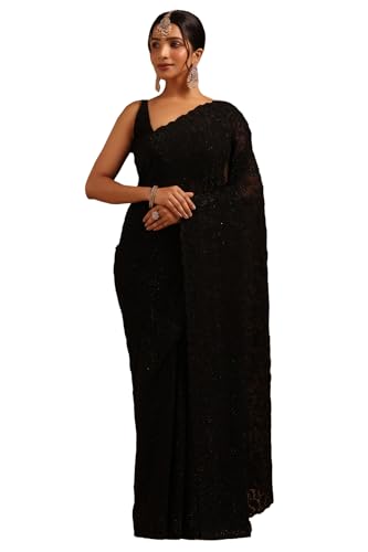 Soch Womens Black Georgette Botanical Saree With Stone Work